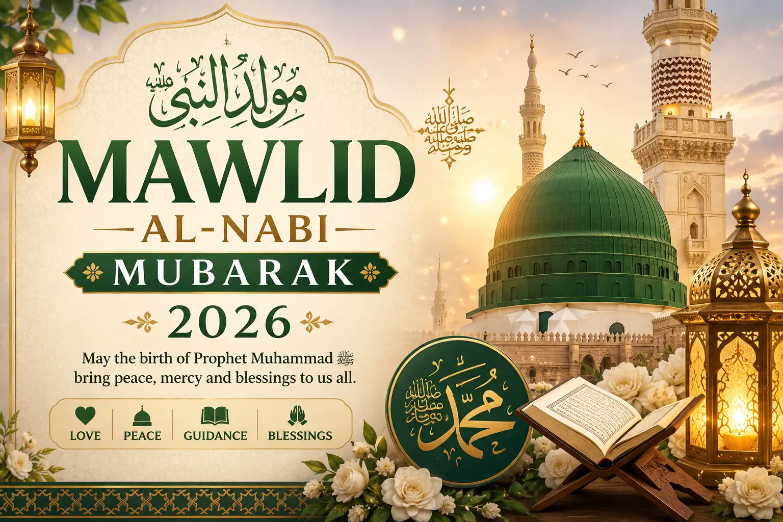 A festive scene celebrating Mawlid al-Nabi, featuring decorations, lights, and people gathered in joyful observance.