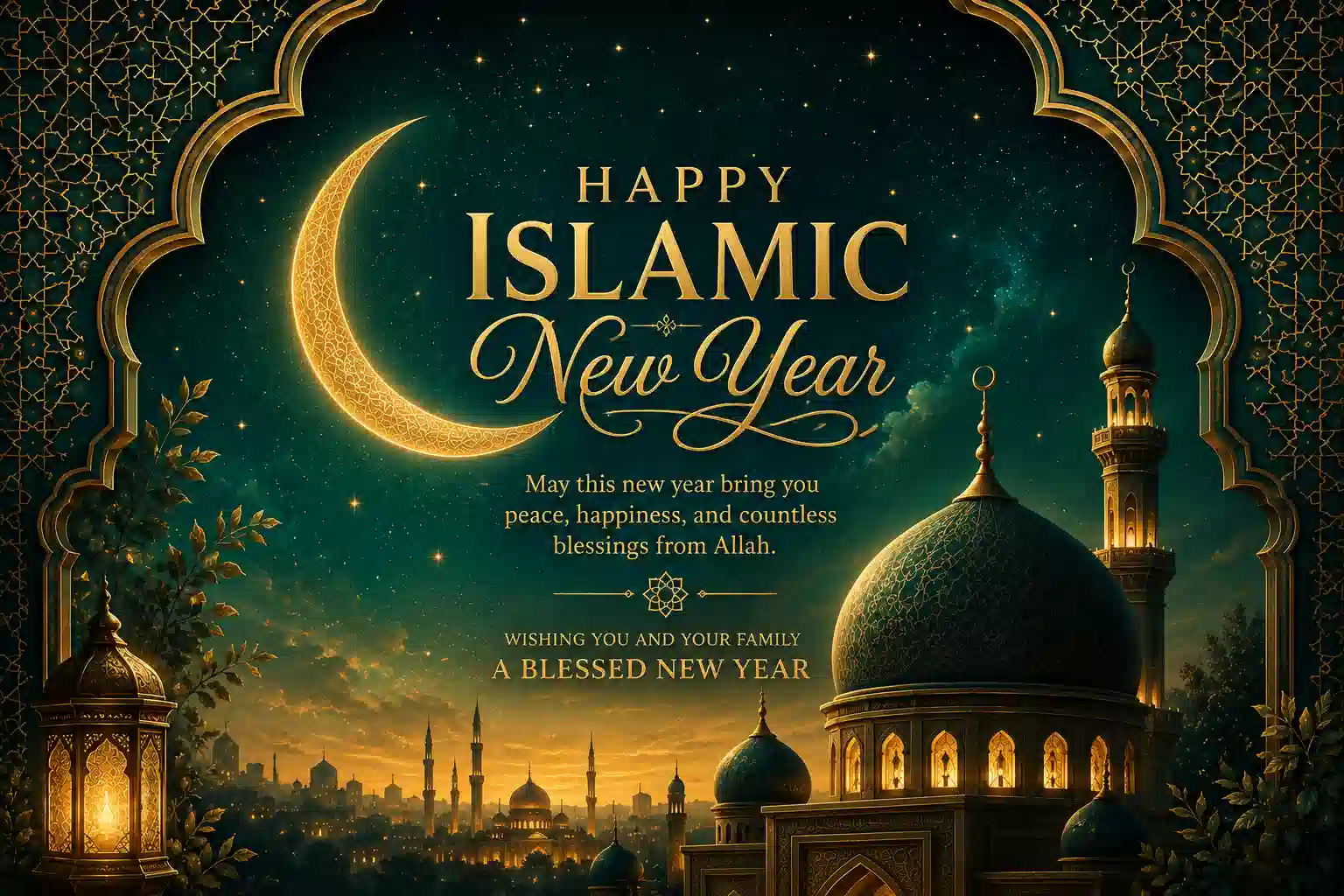 Hijri New Year 2026 greeting with crescent moon and mosque silhouette