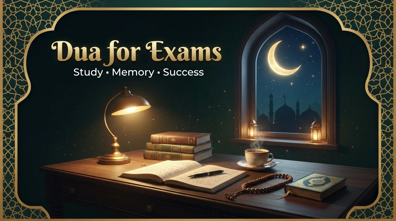 Night study desk with books, lamp and prayer beads under a crescent moon, for the dua for exams