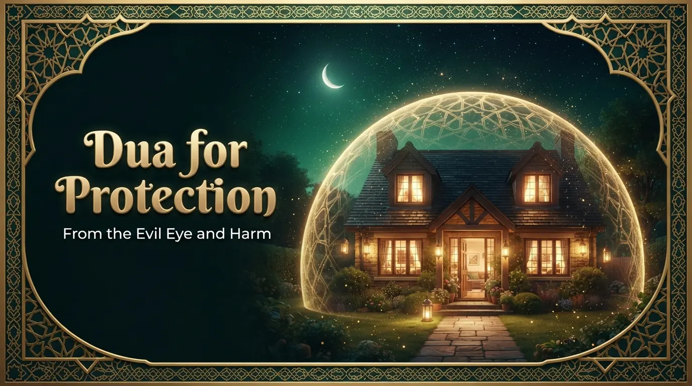 Family home at night under a golden geometric dome of light, illustrating duas for protection from the evil eye