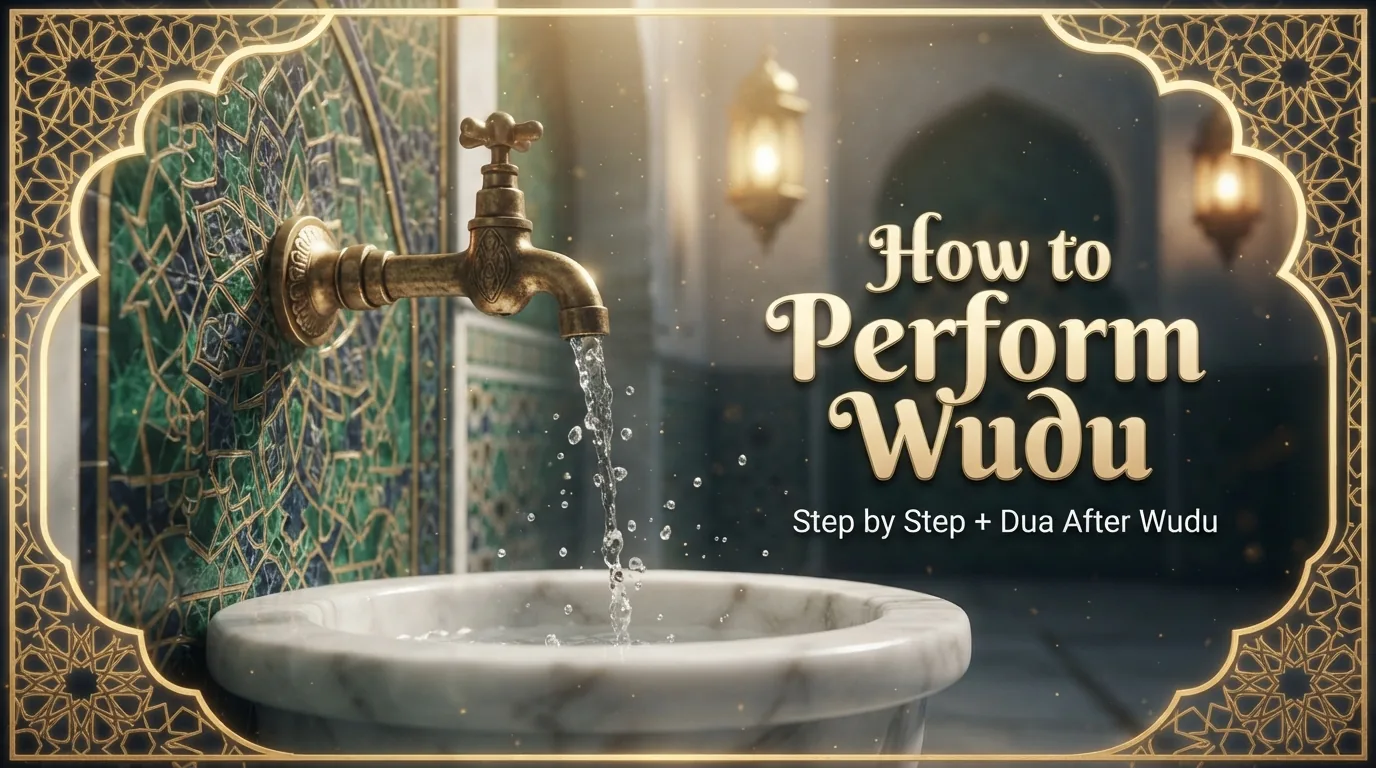 Water flowing from a brass tap into a marble basin in a mosque, for the guide on how to perform wudu