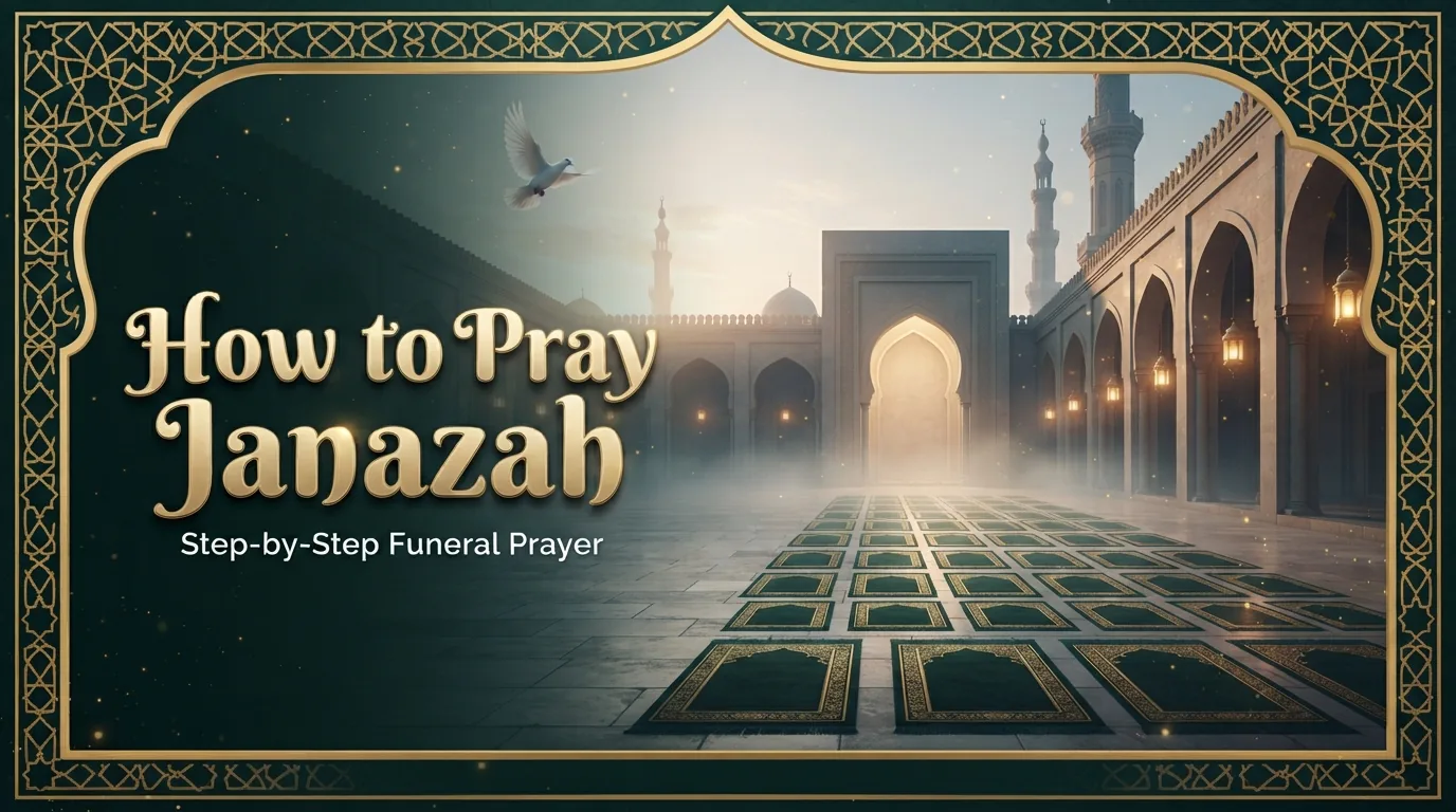 Quiet mosque courtyard at dawn with rows of prayer mats, for the guide on how to pray janazah