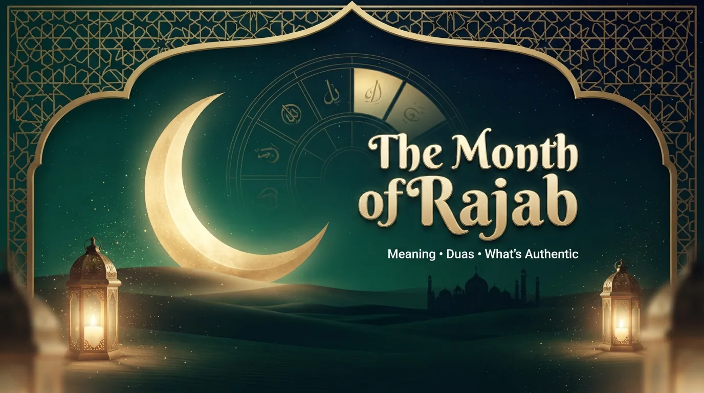 Golden crescent over a desert mosque at twilight, illustrating the sacred month of Rajab
